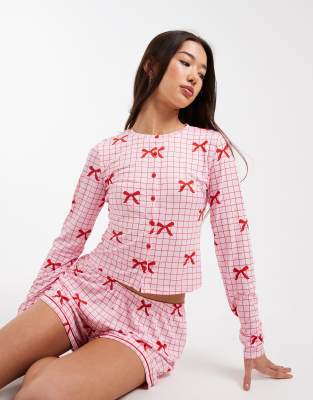 Urban Threads - Pyjama aus Jersey mit Vichy-Karos und Schleifenmuster, bestehend aus langärmligem Oberteil mit Knopfleis...