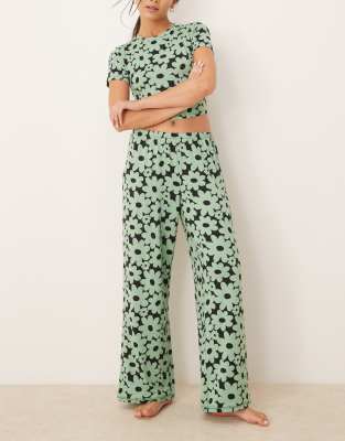 Urban Threads - Pyjama aus Polyester mit Retro-Blumenmuster mit T-Shirt und Hose-Bunt