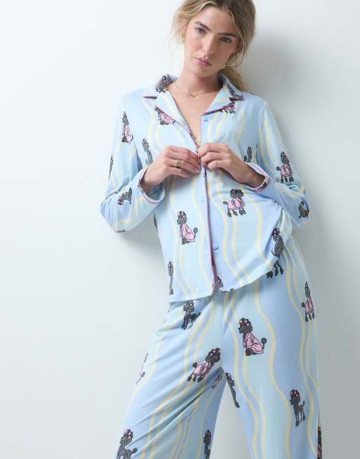 Urban Threads pyjama long sleeve button-up shirt and pants set in blue wave doggy print, 4 of 4
