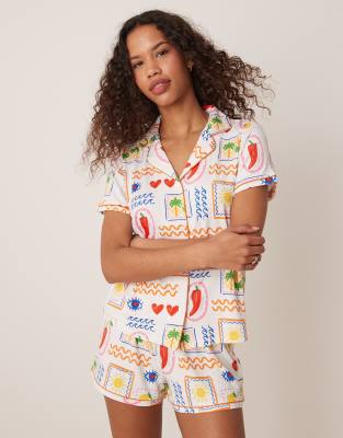 Urban Threads - Pyjama mit Chili- und Palmenprint, aus kurzärmligem Hemd mit Reverskragen und Shorts-Bunt