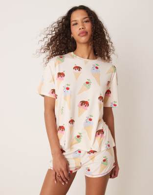 Urban Threads - Pyjama mit Eiscreme-Printmuster, aus Oversize-Oberteil und Shorts-Bunt