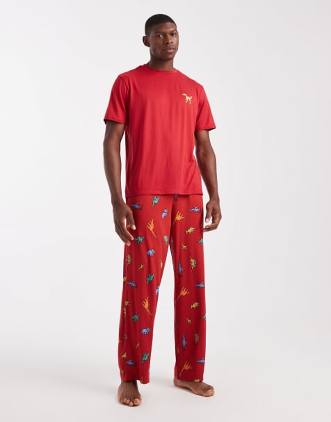 Urban Threads pyjama t-shirt and pants set in red dinosaur print - view 1