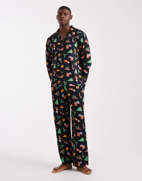 Urban Threads - Pyjamaset met overhemd met lange mouwen en reverskraag en broek met kerstversieringprint - view 1
