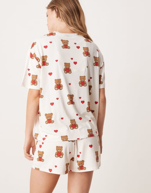 Urban Threads - Pyjamassæt i polyester med hjerte- og bamseprint bestående af kortærmet T-shirt og shorts, 4 af 4