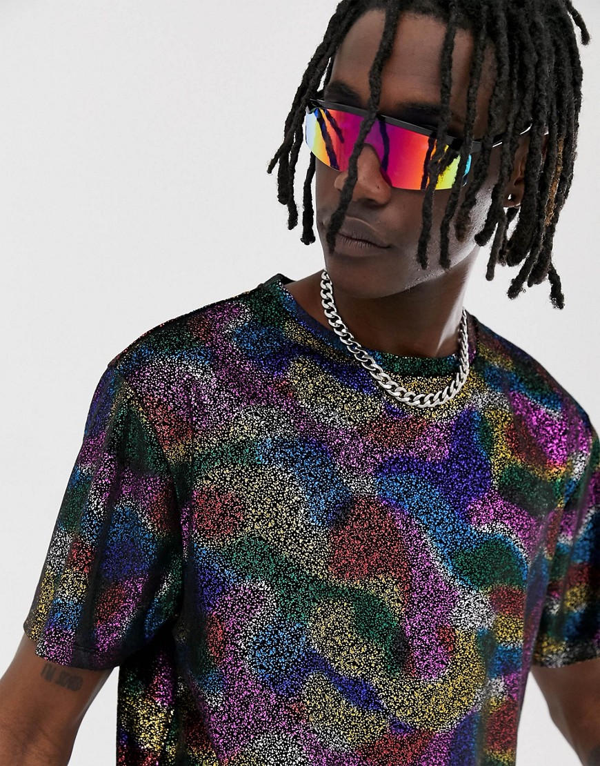 Urban Threads – Regnbågsfärgad festival-t-shirt i oversize-modell med metallic-finish-Flerfärgad
