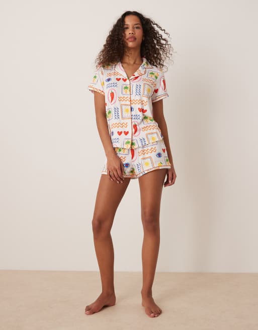 Urban Threads revere pyjama short sleeve shirt and shorts in chilli palm print, 2 of 4