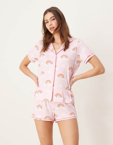 Urban Threads revere pyjama short sleeve shirt and shorts in rainbow print - view 1
