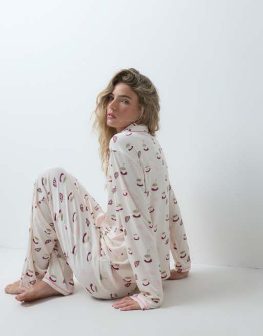 Urban Threads rib long sleeve button up shirt and trousers pyjama set in croissant matcha print, 2 of 4