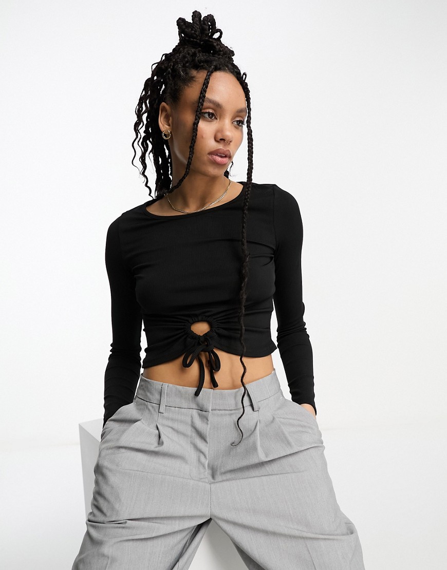 ribbed crop top with keyhole in black