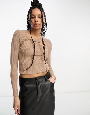 ribbed long sleeve top with cut-out in sand-Neutral