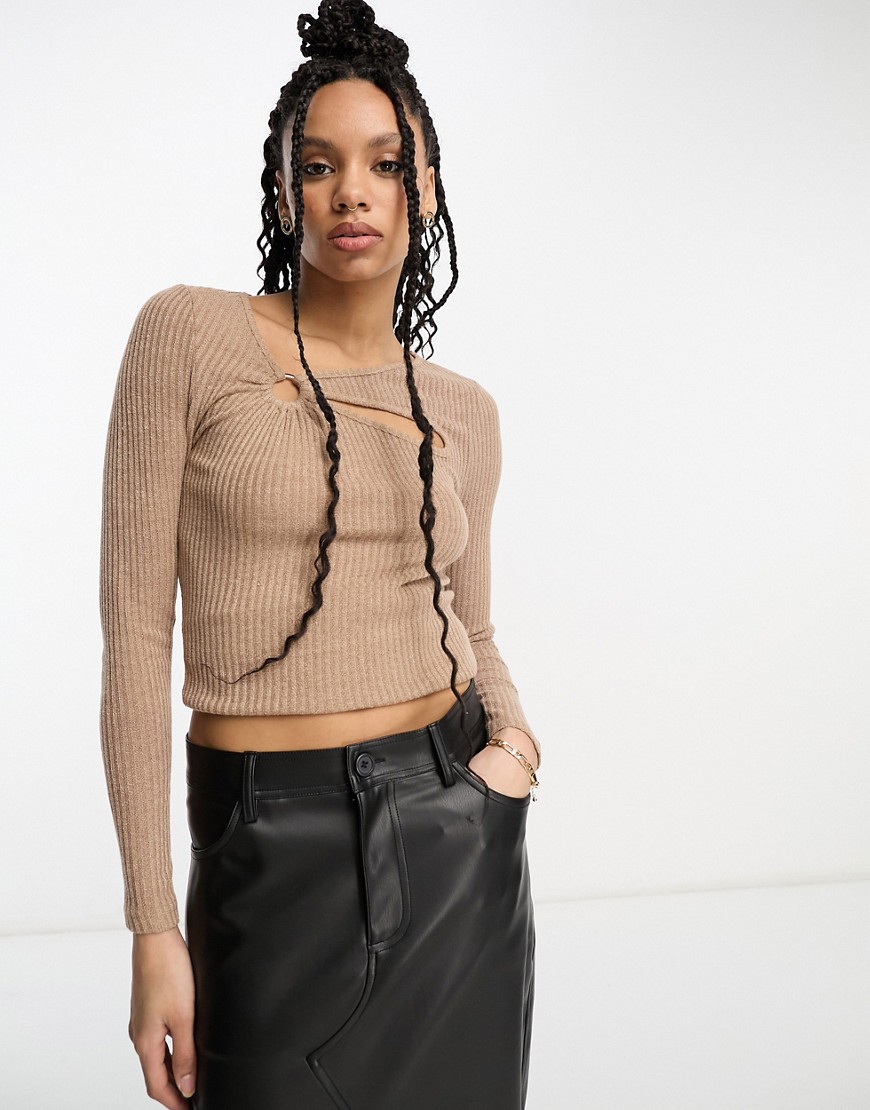 Urban Threads ribbed long sleeve top with cut out in sand-Neutral