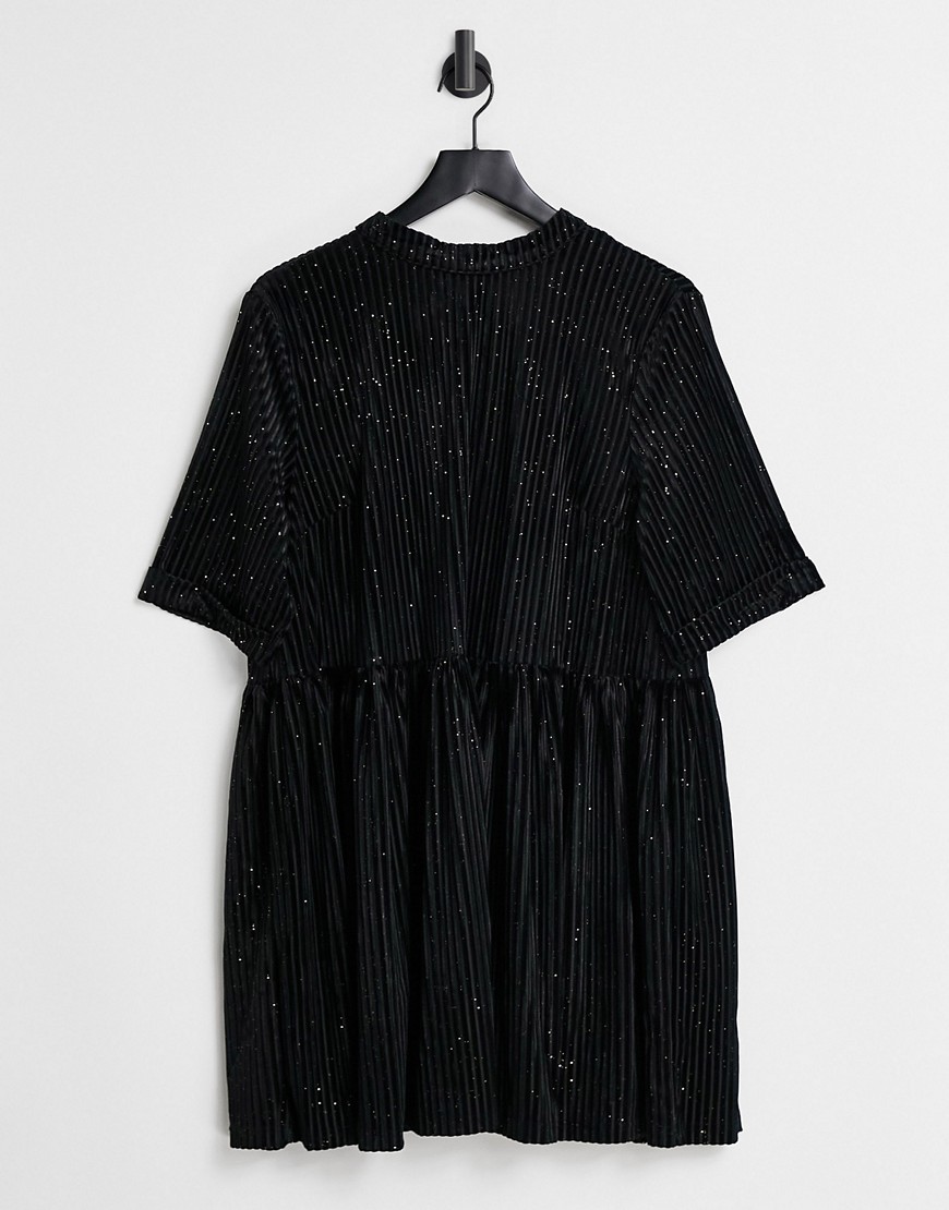 Urban Threads ribbed smock dress with gold glitter in black