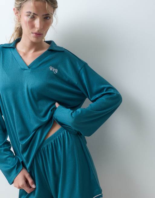 Urban Threads ribstrikket rugby-skjorte og shorts loungewear-sæt i teal, 3 af 4