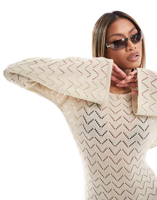 Urban Threads - Robe longue en maille au crochet avec décolleté au dos - Blanc cassé, 3 de 4