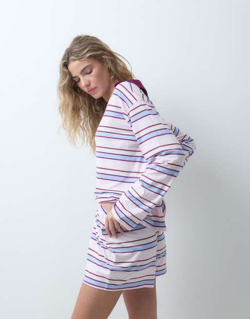 Urban Threads rugby shirt and shorts lounge set in pink stripes, 4 of 4