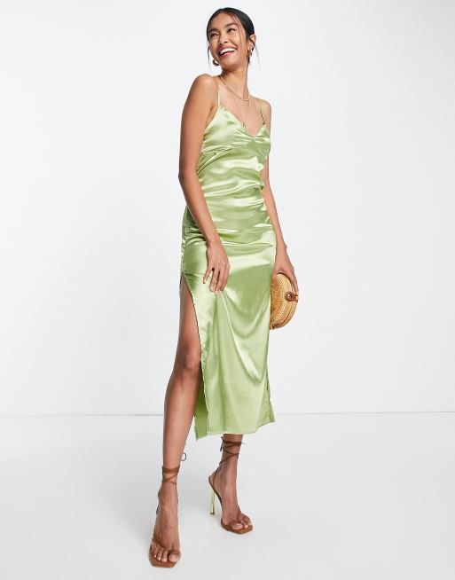 Urban Threads satin cami strap midi slip dress in sage green | ASOS