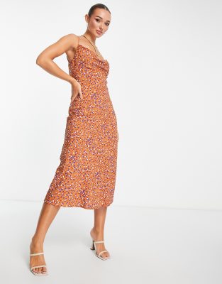 satin cowl neck midi dress in leopard print-Multi