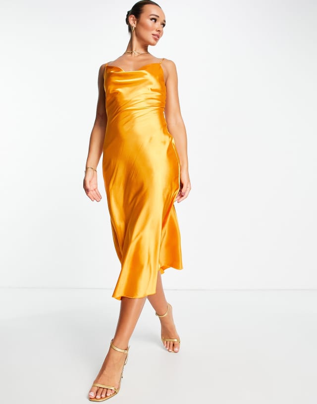 Urban Threads satin cowl neck midi dress in orange