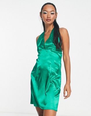 Urban Threads satin halter neck mini dress in bright green - ASOS Price Checker