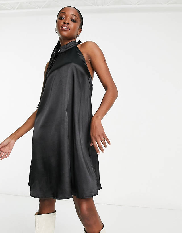 Urban Threads satin high neck mini dress in black
