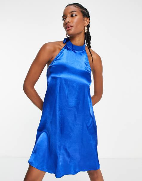 Urban Threads satin high neck mini dress in cobalt blue - view 1