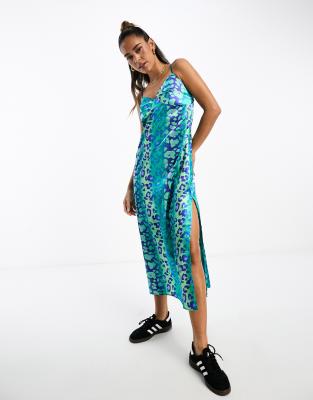 Urban Threads Urban Threads satin midi dress in blue leopard print