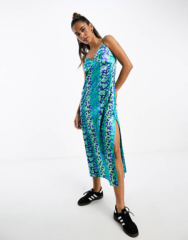 Urban Threads - satin midi dress in blue leopard print
