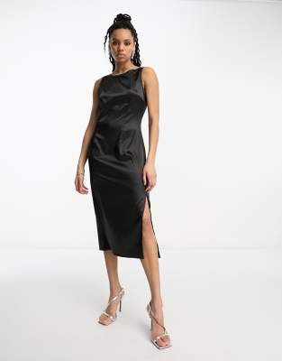 satin midi dress with slit in black