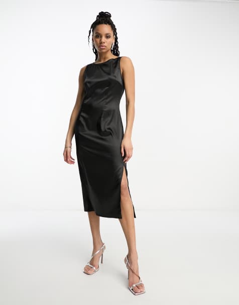 Urban Threads satin midi dress with slit in black - view 1