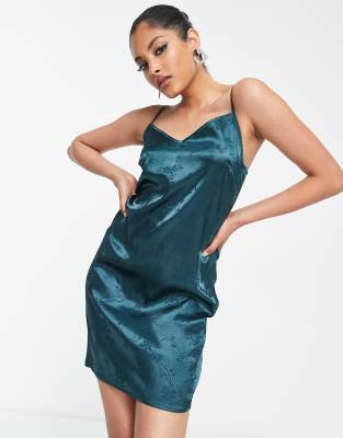 Urban Threads satin mini dress in teal jacquard-Blue