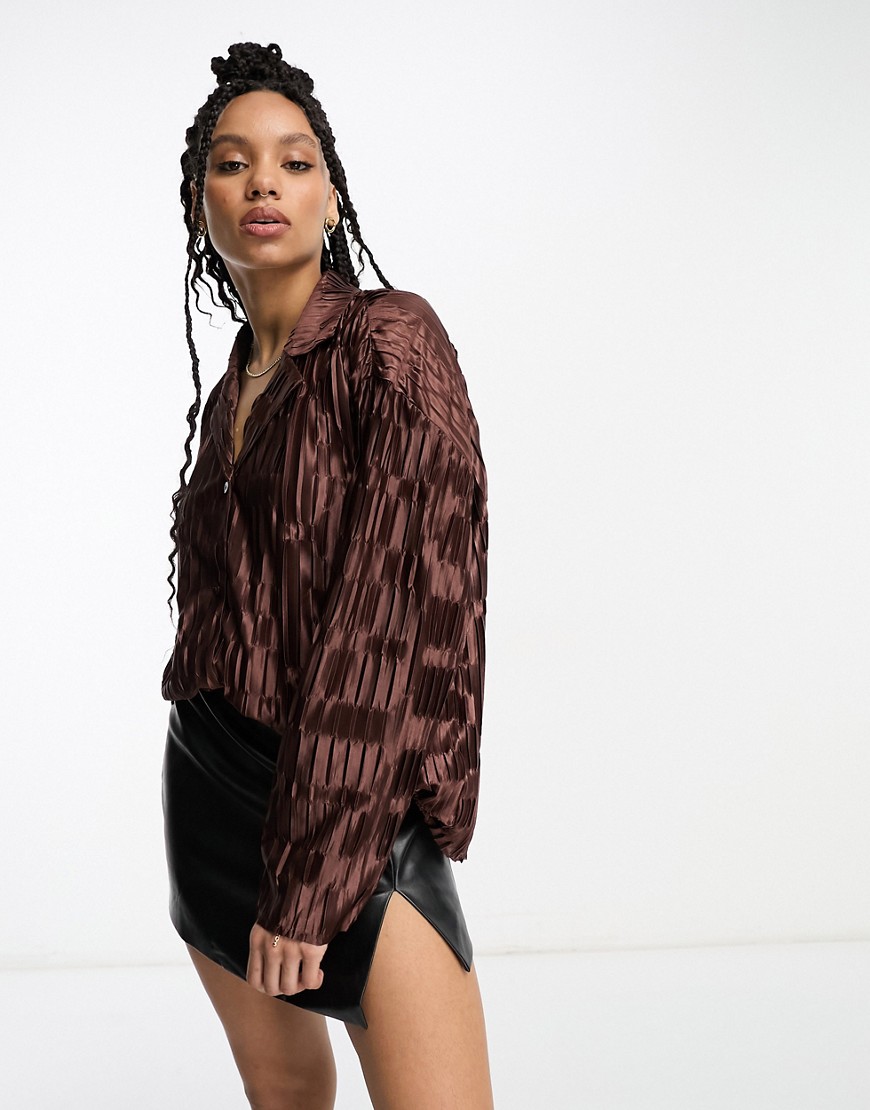 Urban Threads satin plisse oversized shirt co-ord in chocolate brown