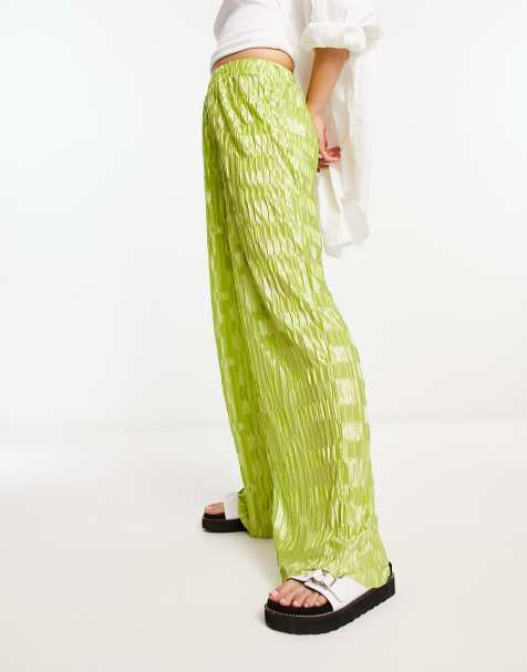 Urban Threads satin plisse wide leg trousers co-ord in lime