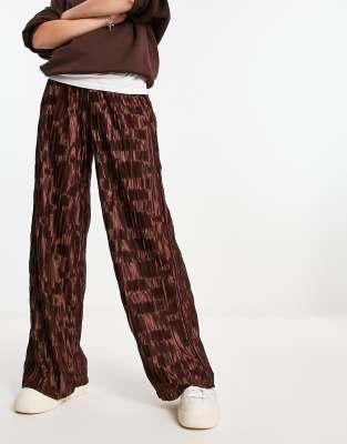 Urban Threads Urban Threads satin plisse wide leg trousers co-ord in chocolate brown