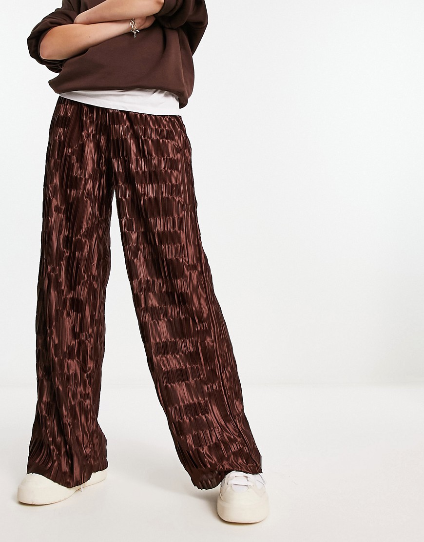 Urban Threads satin plisse wide leg trousers co-ord in chocolate brown
