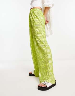Urban Threads Urban Threads satin plisse wide leg trousers co-ord in lime-Green