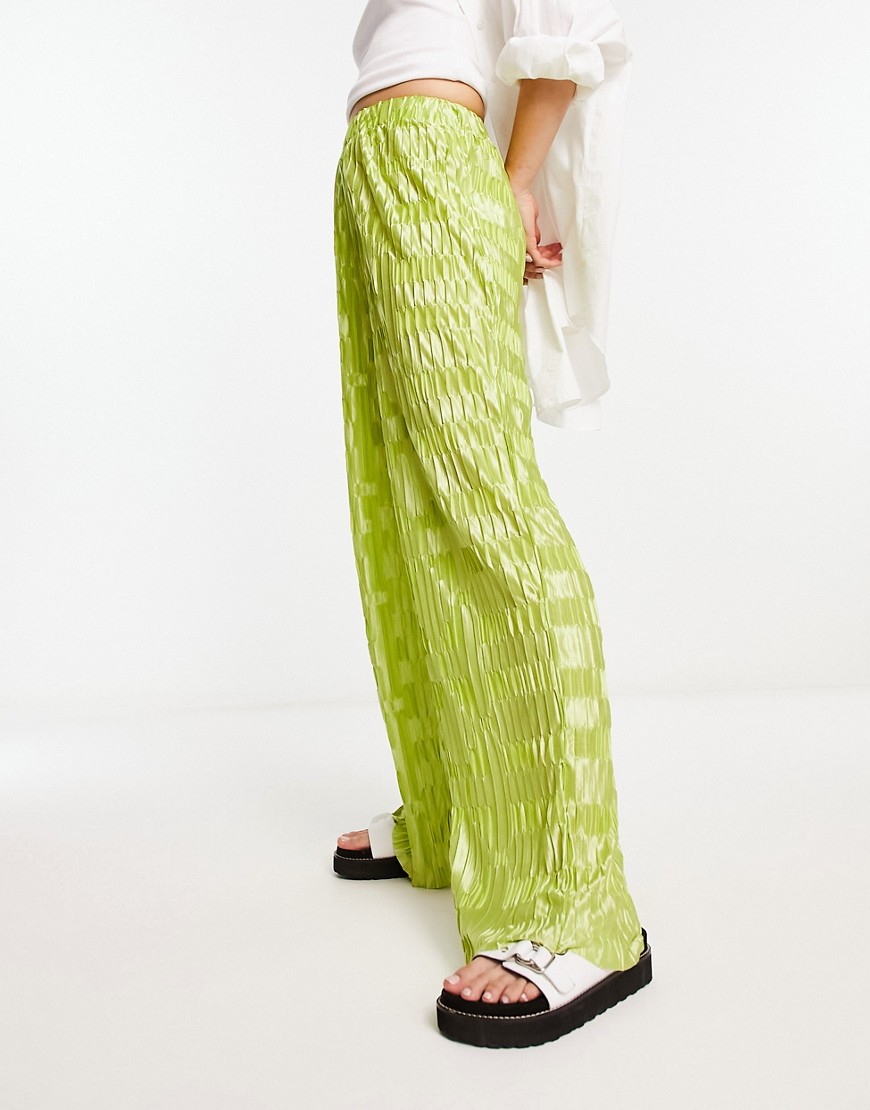 Urban Threads satin plisse wide leg trousers co-ord in lime-Green