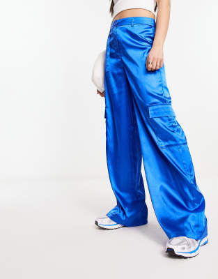 Urban Threads Satin Wide Leg Cargo Pants In Cobalt-blue