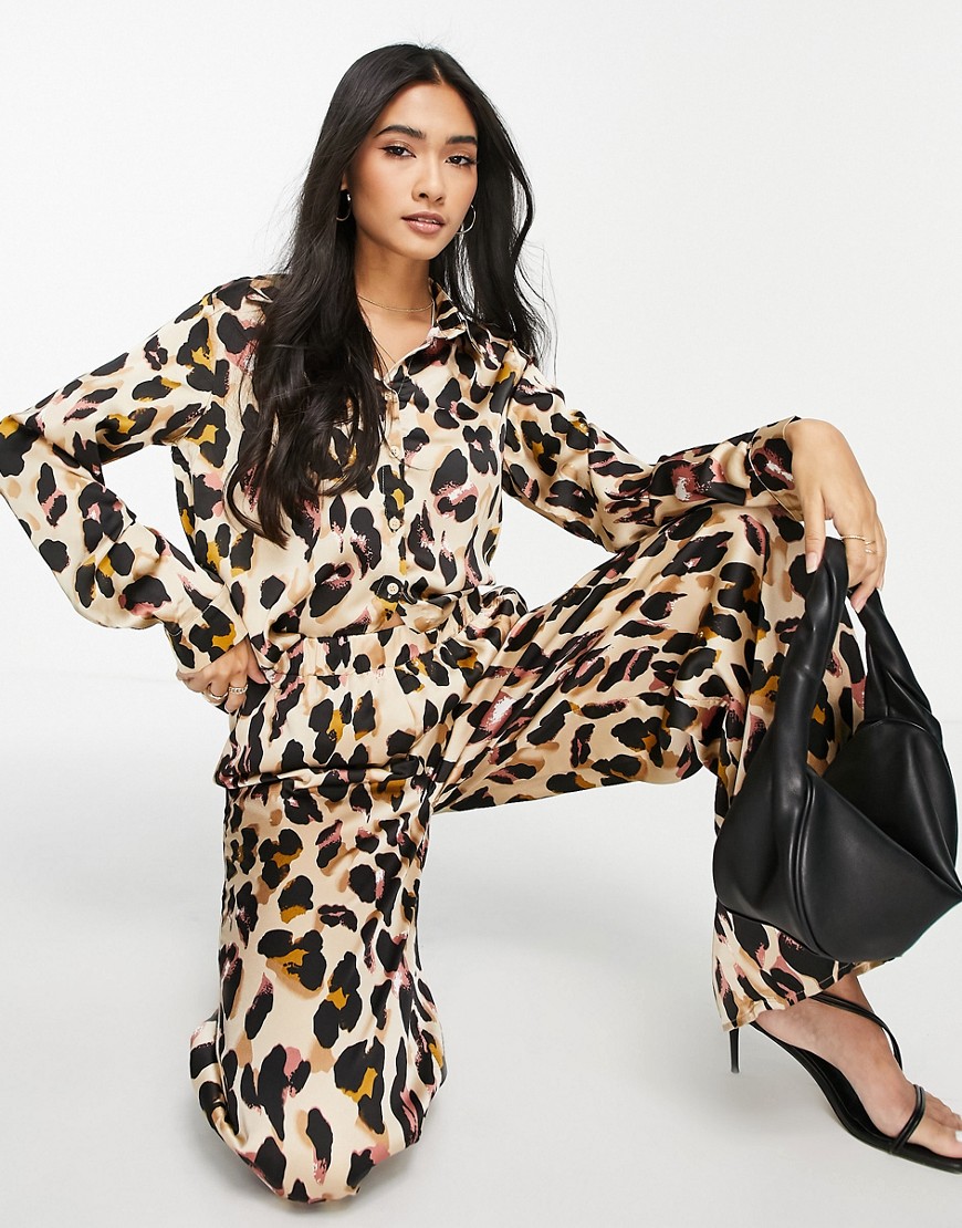Urban Threads satin wide leg pants in leopard print - part of a set-Multi