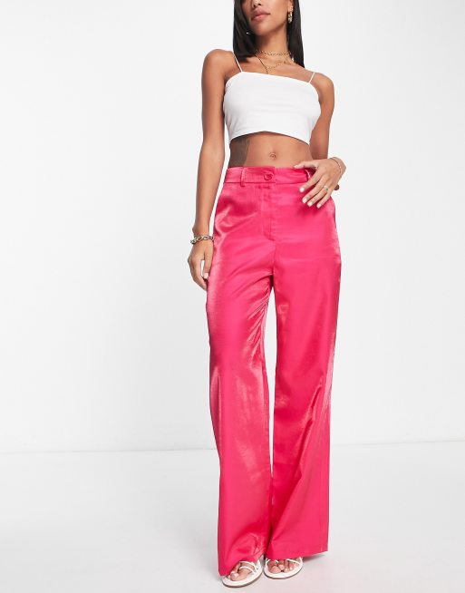 Urban Threads satin wide leg trousers co-ord in hot pink