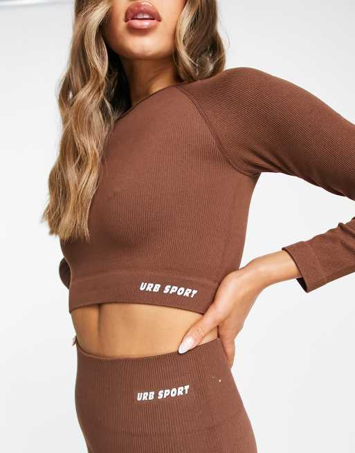 Urban Threads seamless long sleeve sports crop top in chocolate brown