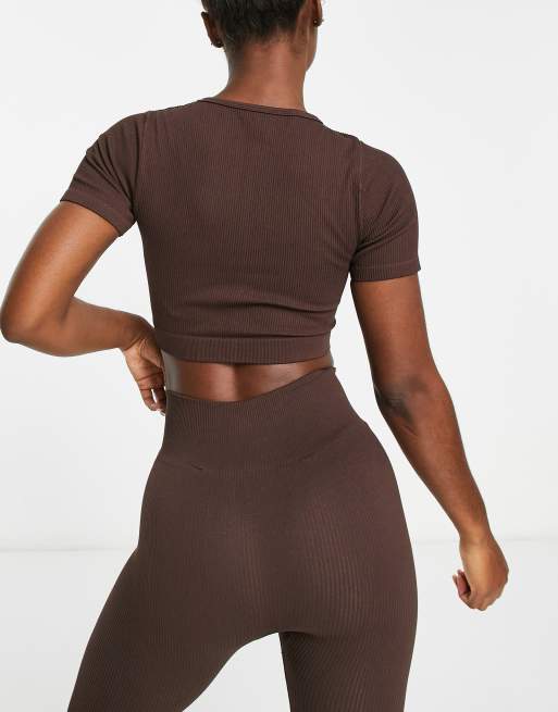 Urban Threads seamless short sleeve sports crop top with zip front in dark  chocolate