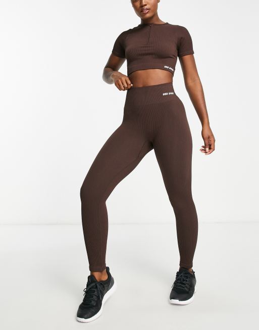 Urban Threads seamless short sleeve sports crop top with zip front in dark  chocolate