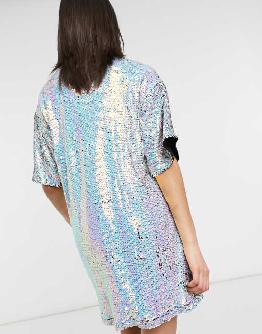 Urban Threads sequin t shirt dress in iridescent white