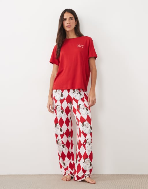 Urban Threads set pigiama con t-shirt girocollo e pantaloni, natalizio, rosso e rosa con stampa Babbo Natale, 2 di 4