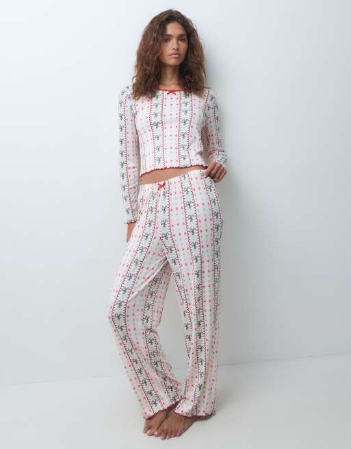 Urban Threads set pigiama natalizio in stampa festiva con top a coste girocollo e pantaloni, 2 di 4