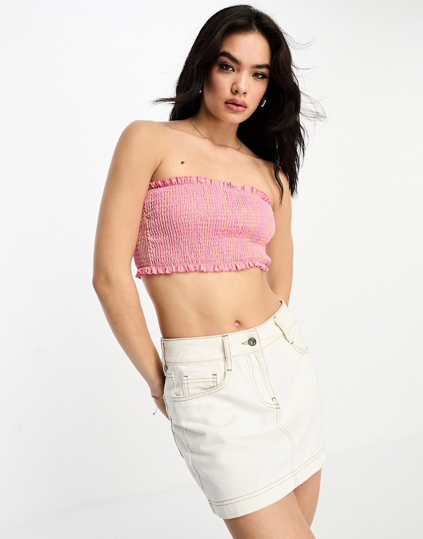 Urban Threads shirred bandeau top co-ord in pink check-Multi
