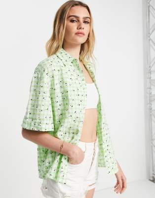 Urban Threads Urban Threads shirt co-ord with floral embroidery in green gingham-Multi