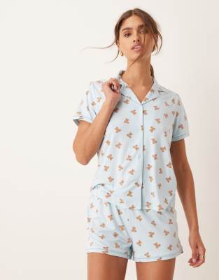 short sleeve revere and short pajama set in teddy bear print-Multi