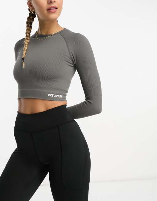 Urban Threads - Sømløs og langærmet trænings-croptop i koksgrå