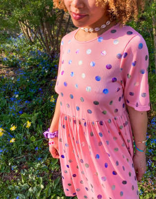 pink polka dot smock dress